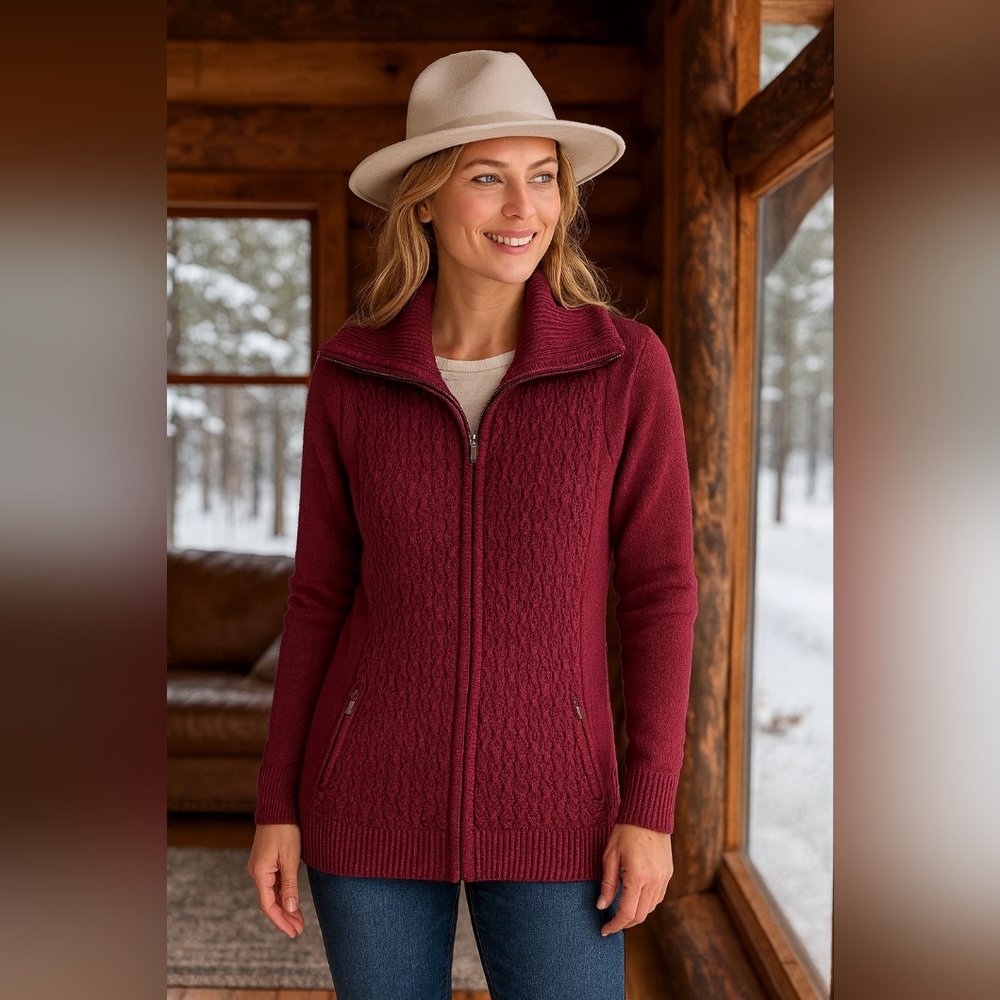 Aspen Burgundy Full Zip Knit Sweater Jacket Size Small Cozy Fall Winter